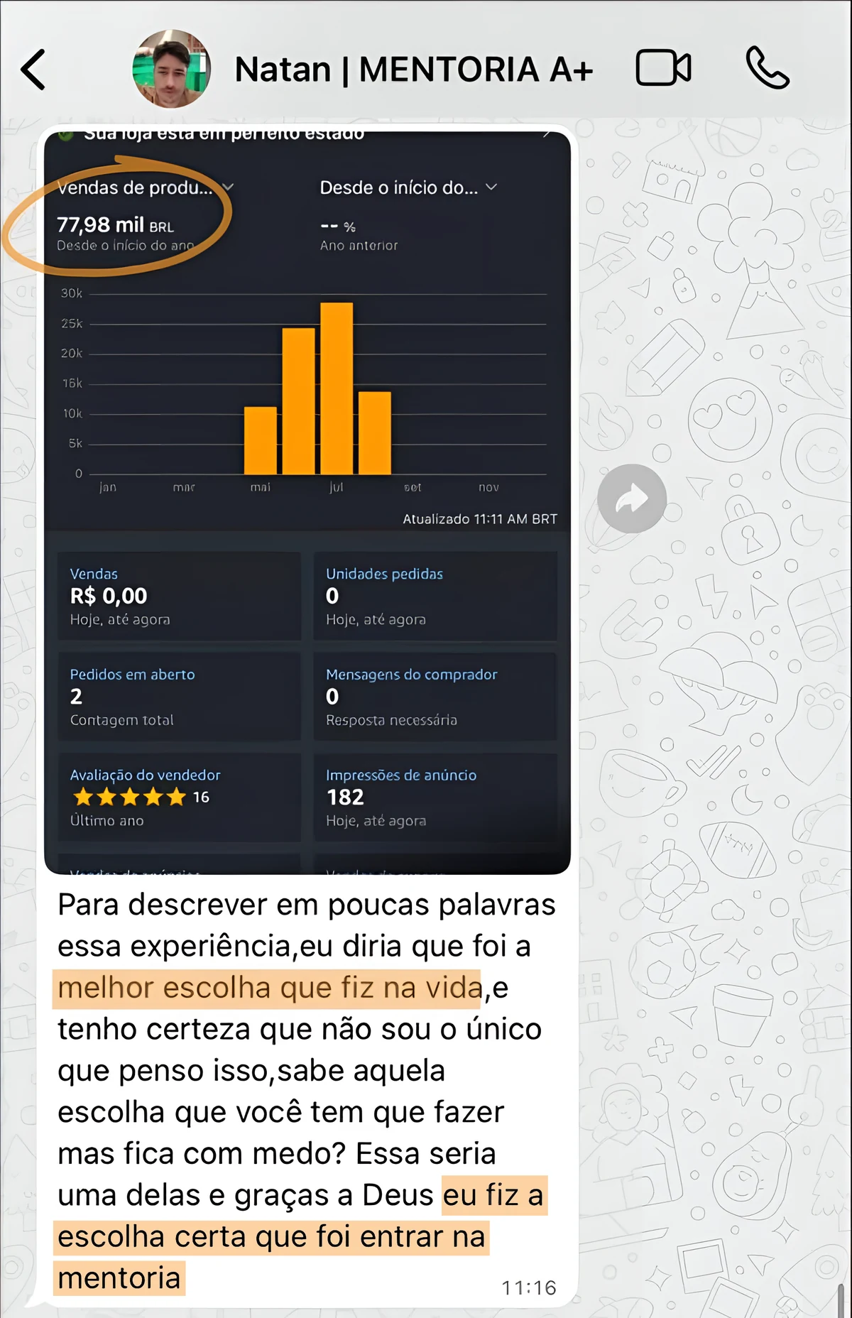 Natan: R$ 77,98 mil em vendas desde o início do ano. “Foi a melhor escolha que fiz na vida (…) eu fiz a escolha certa que foi entrar na mentoria.”